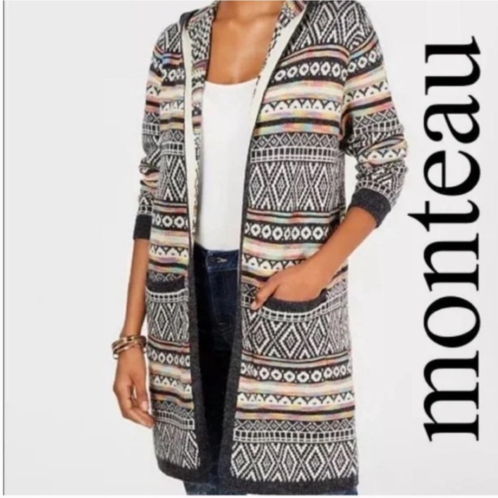 Monteau Bohemian‎ Aztec Print Style Hooded Printed OpenFront Cardigan Size Small